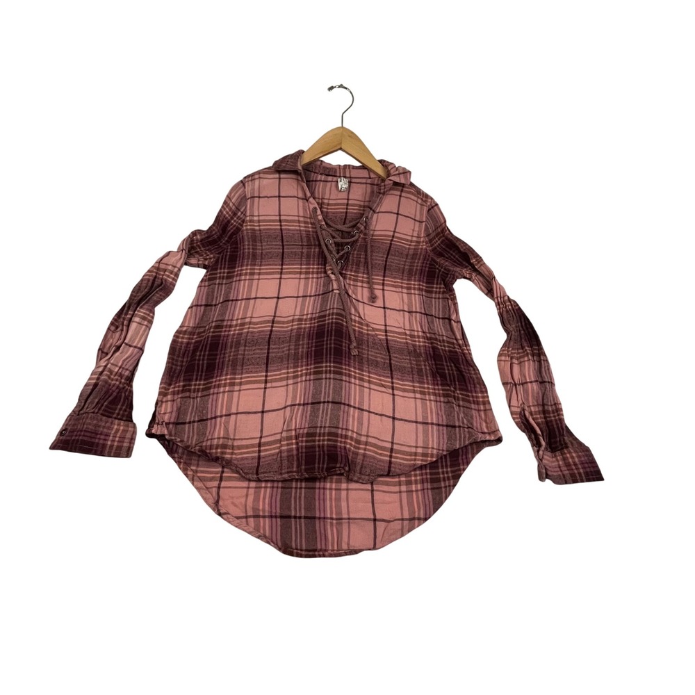 Mudd Womens Small Burgundy Pink Plaid Lace Up V-Neck High Low Hem Top